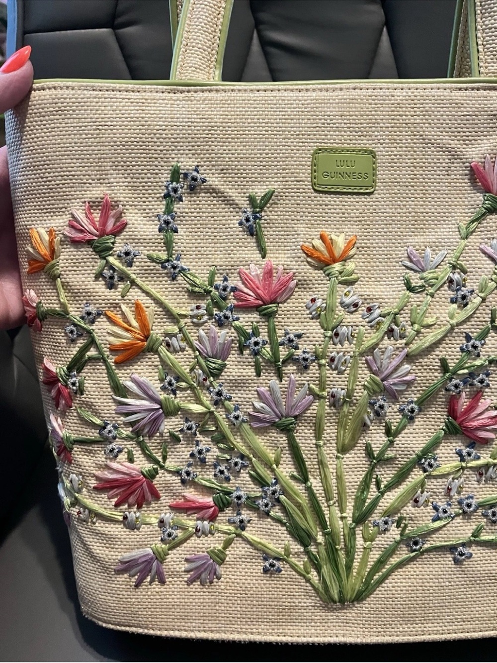 Lulu Guinness Vintage Straw Tote with Pink, Orange, Lavender Floral Embroidery - Picture 3 of 9